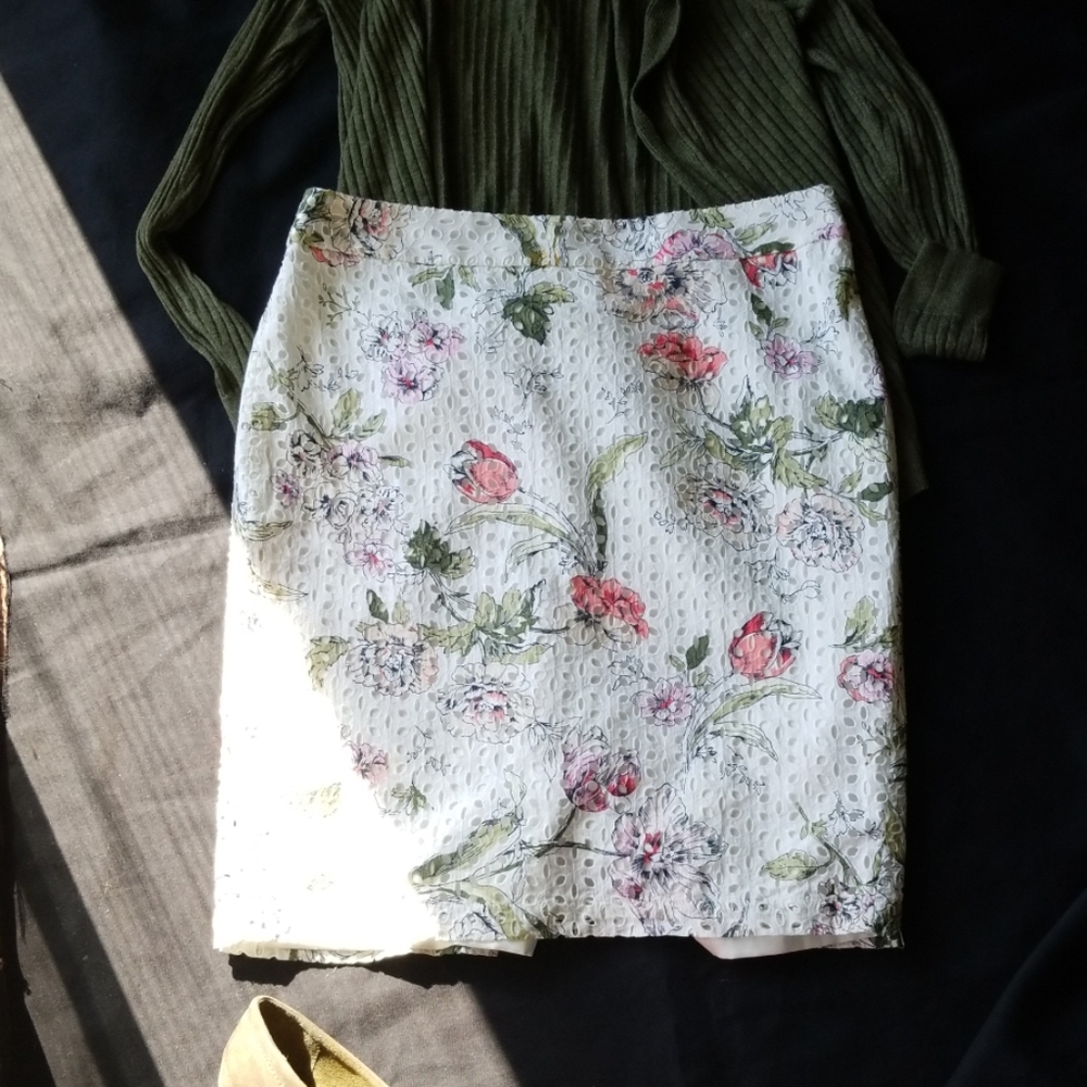 Ann Taylor floral pencil skirt; romantic-style